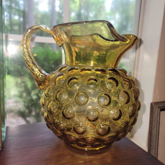 VTG Amber Glass Hobnail Pitcher wide belly applied handle hand blown 8.25" H MCM - Picture 13 of 16